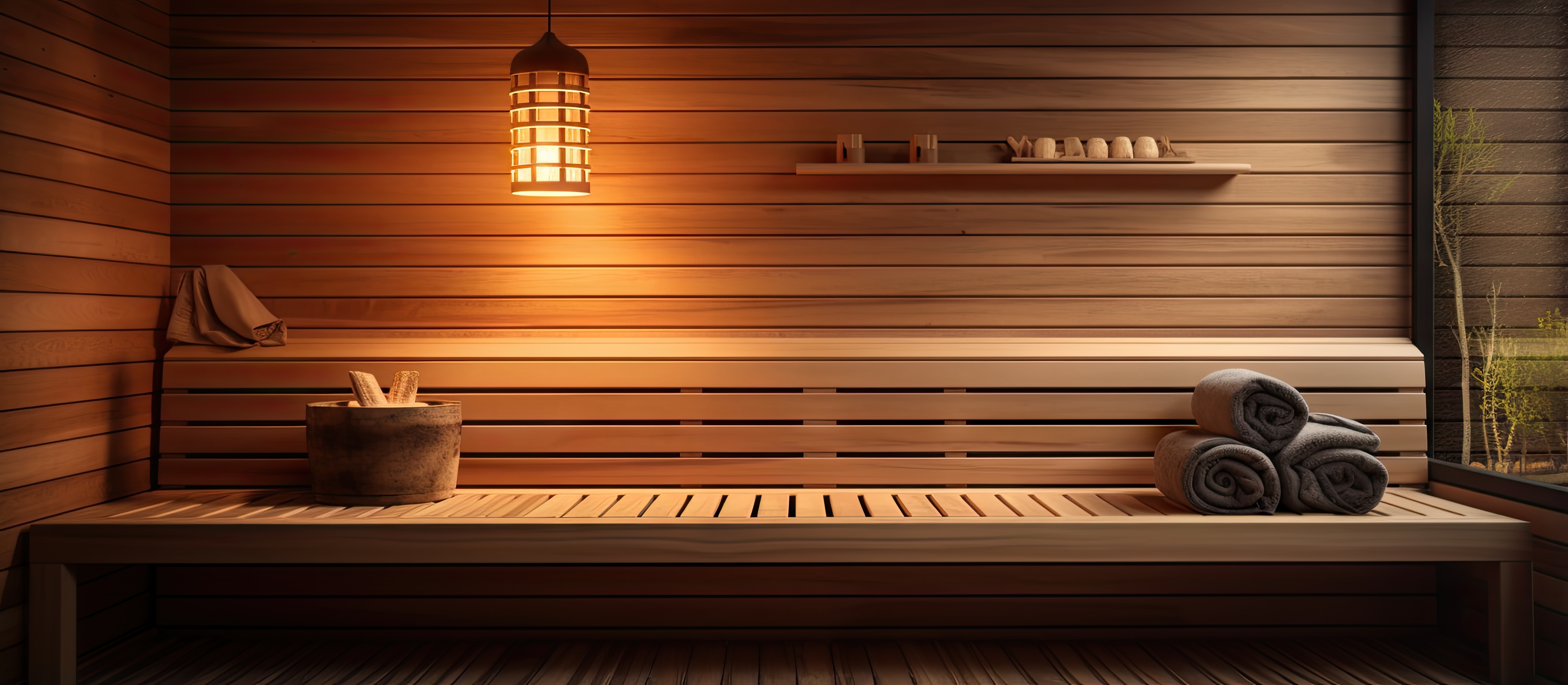 Warm cedar sauna interior with bench, towels, and soft ambient lighting.